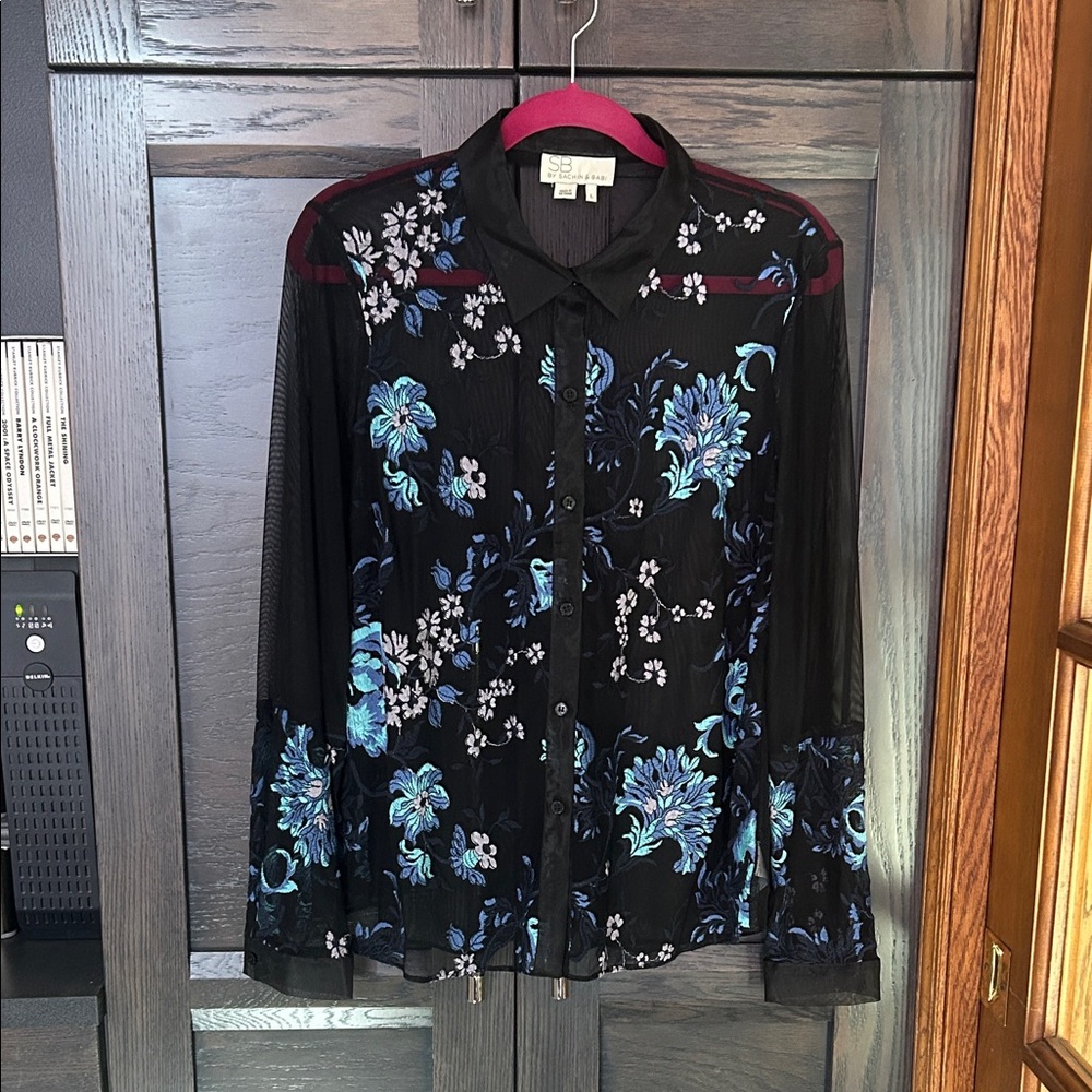 SB by Sachin & Babi Floral Embroidered Black Sheer Button Down Blouse